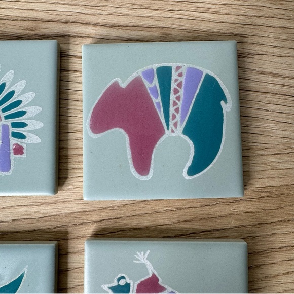 Southwestern Native American Petroglyph Style Tile Coasters Pastel Made In Japan - Picture 7 of 8